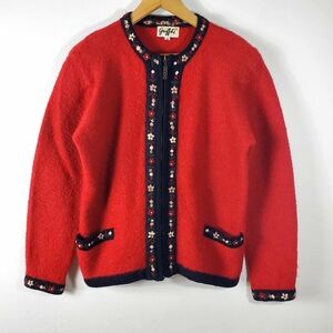 Vintage 70's Graffiti 100% Wool Cardigan Full Zip With Floral Details